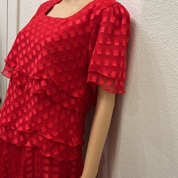 Ann Hobbs For Cattiva Dress Red Square Neck Short Sleeve Sheer Ruffle Midi Lined - Picture 4 of 11